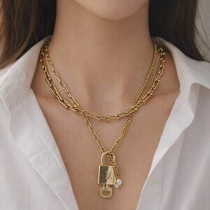 Double Chain Necklace with Authentic Louis Vuitton Padlock Pendant & Fresh Pearl